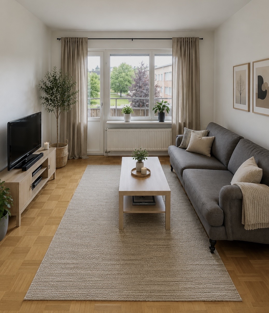 Ljust och modernt vardagsrum i möblerad lägenhet hos NOORDSTAY i Uddevalla
